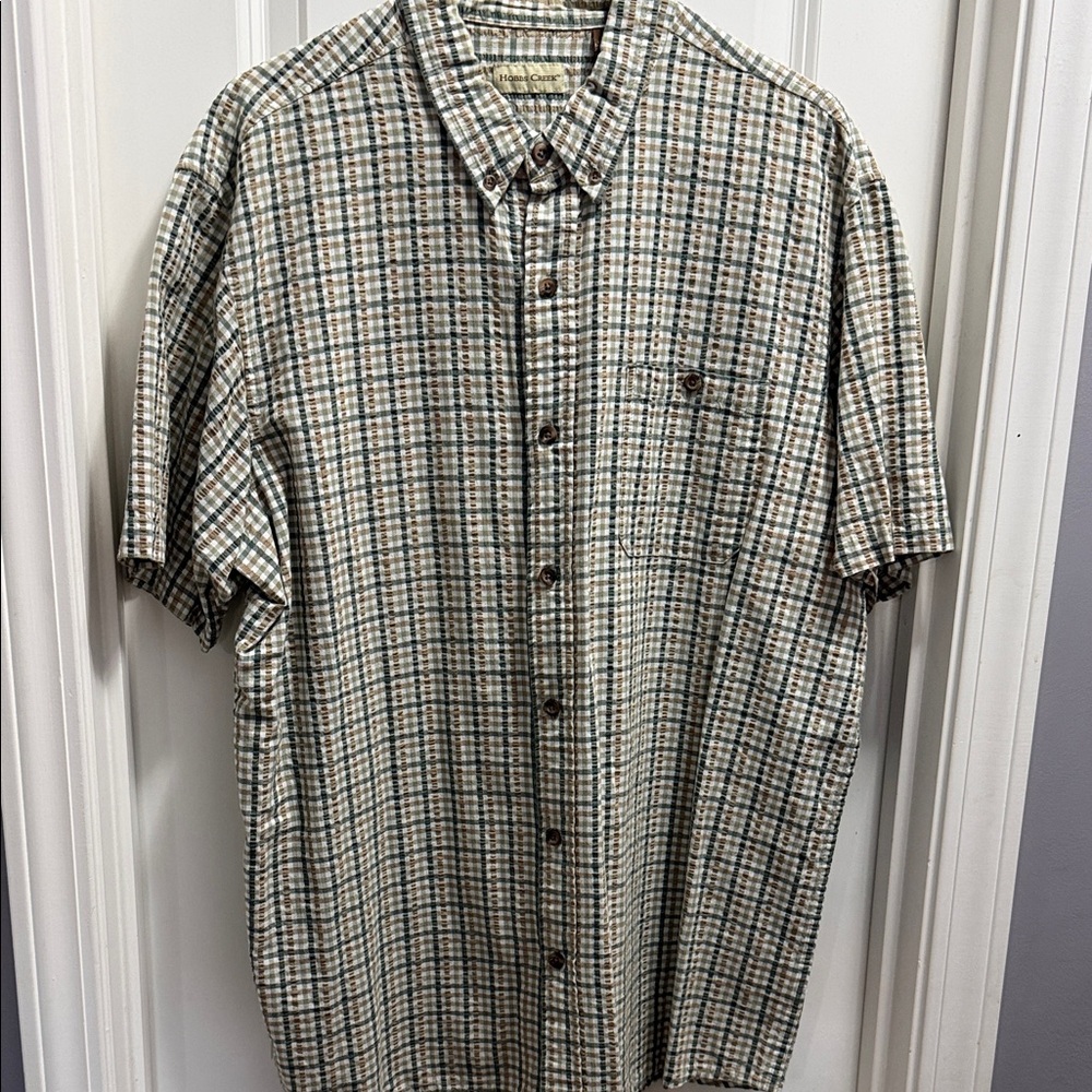 Men's Short-Sleeve Plaid Button-Down Shirt - Beige & Green. Size XL